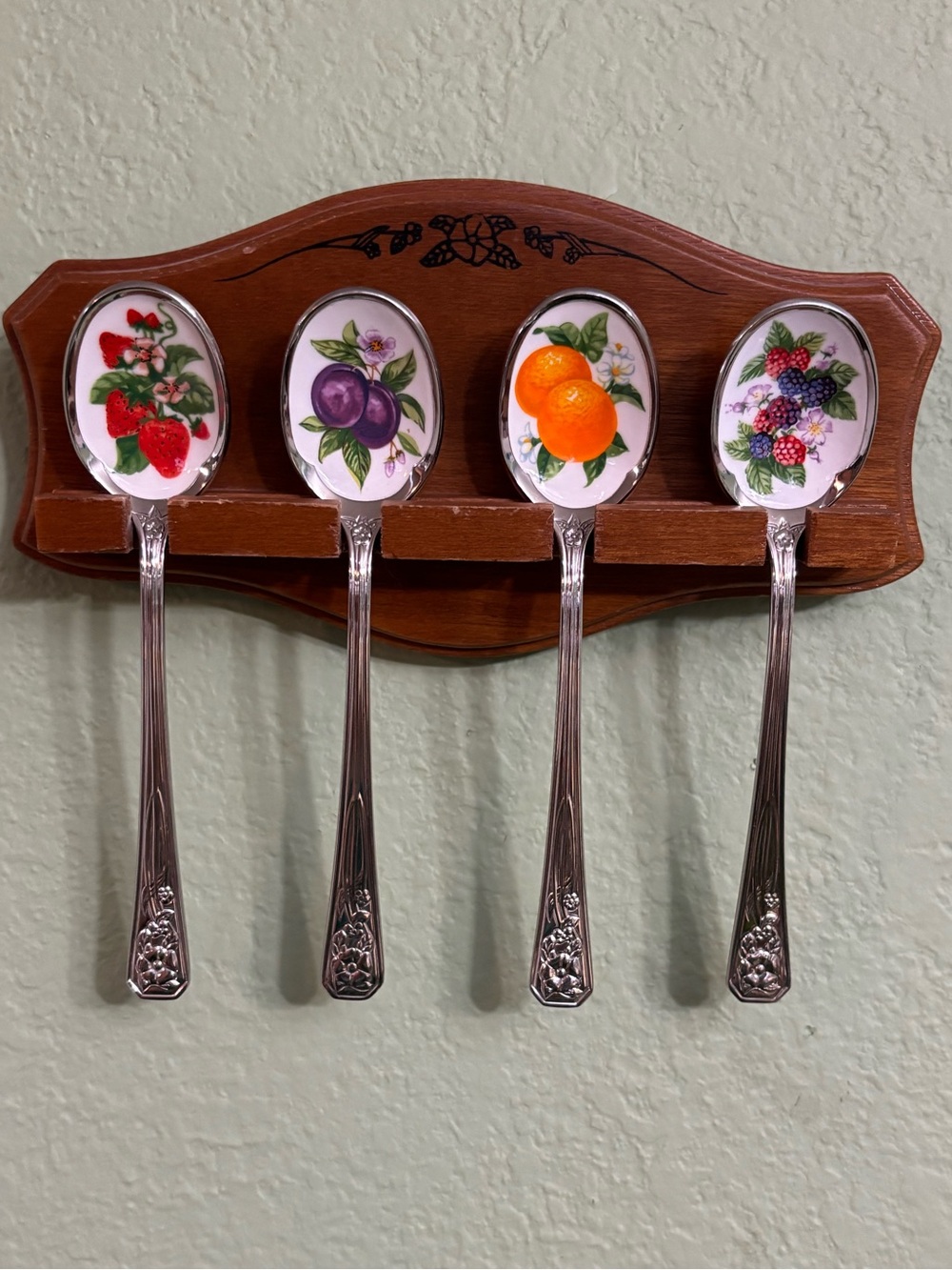 Vintage Avon Fruit de Saison Collector Spoons- Set of 4 with Wooden Rack - Japan